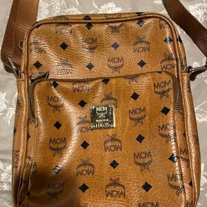 MCM Cognac Logo Messenger Bag with Black Accents